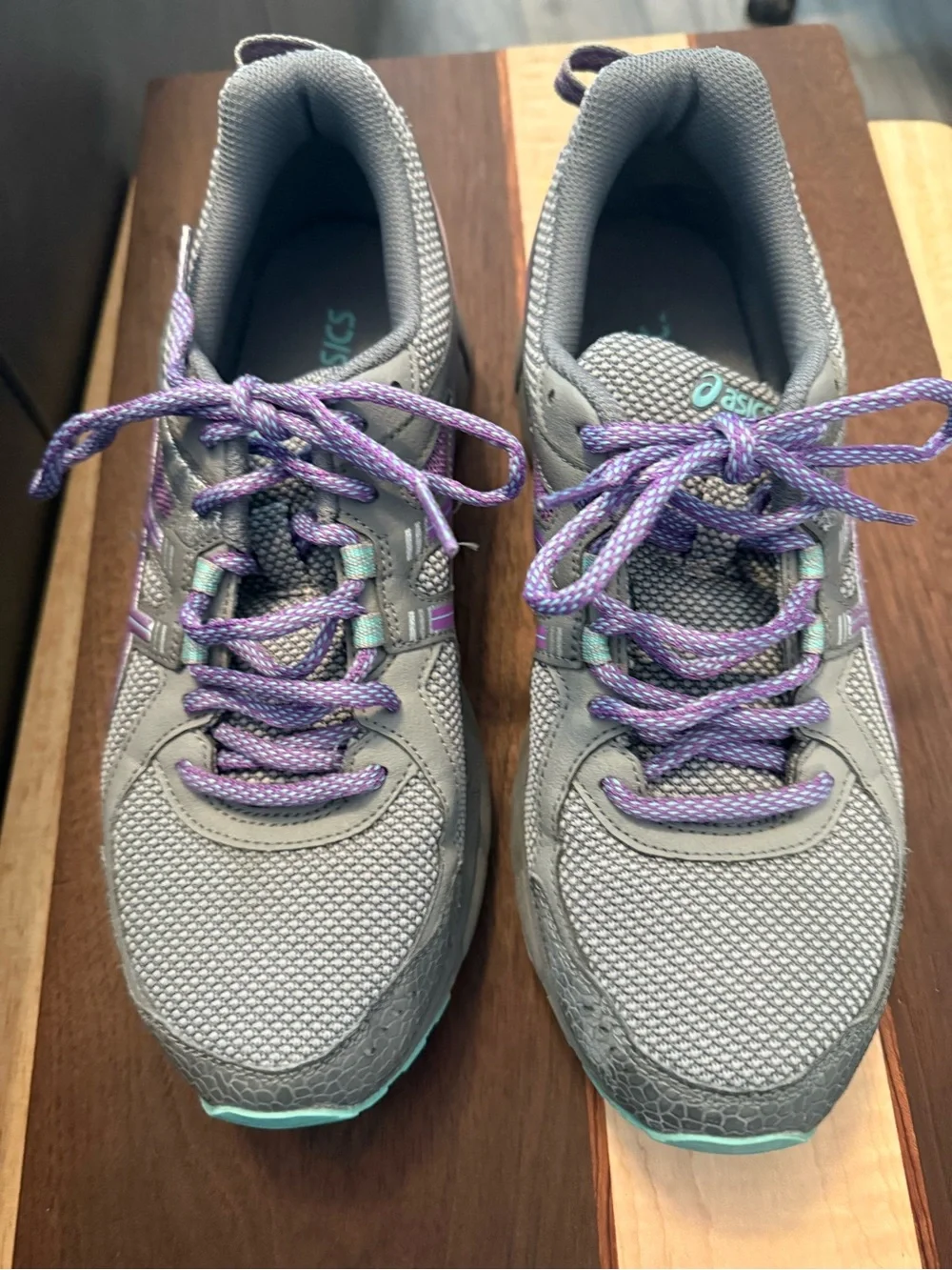 Asics Gray Running Sneakers with Purple Laces and Teal Accents